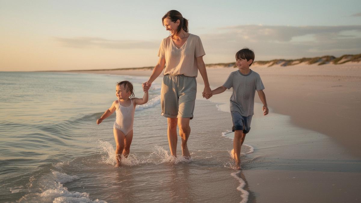 Two children and a parent wading in shallow, calm water along a sandy family beach at golden hour