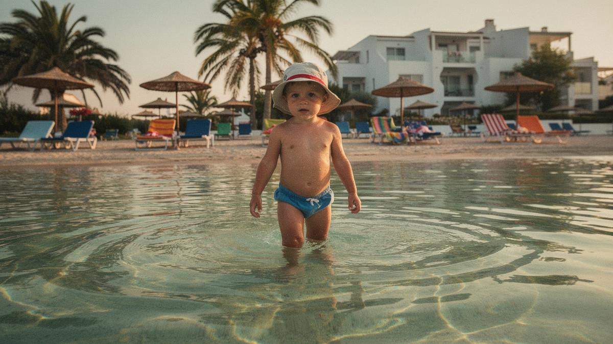Child in a sun hat wading in shallow clear water beside a shaded resort pool