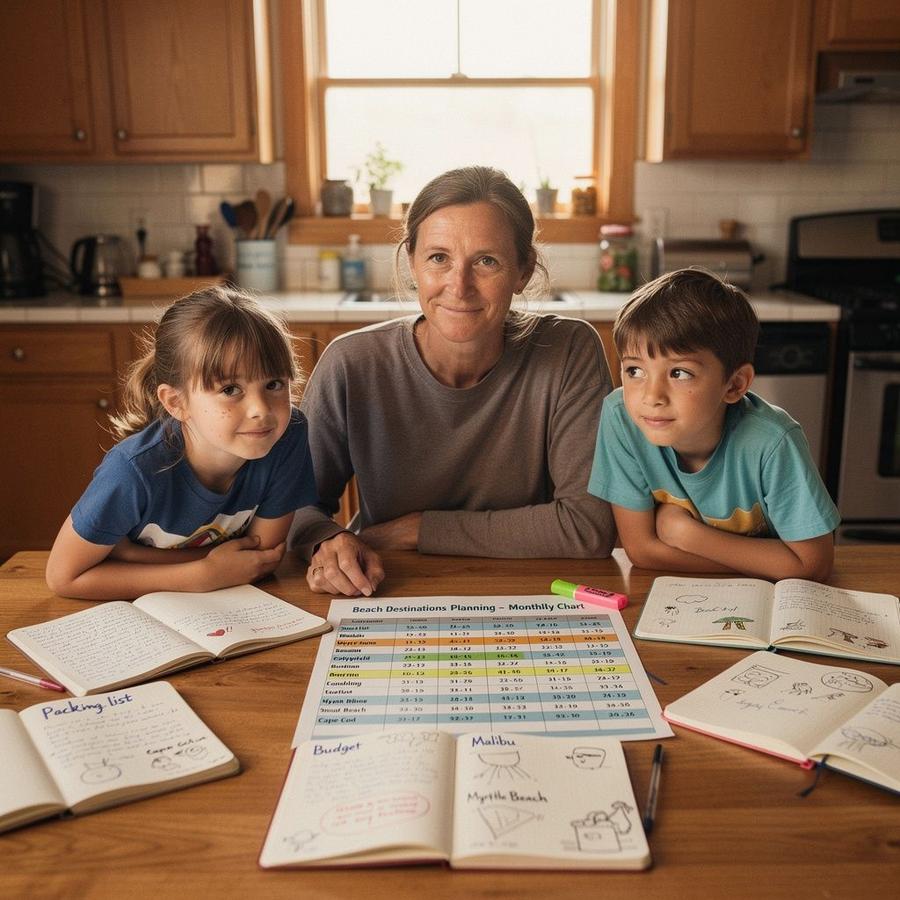 Parent and two children checking a resort month chart on a kitchen table